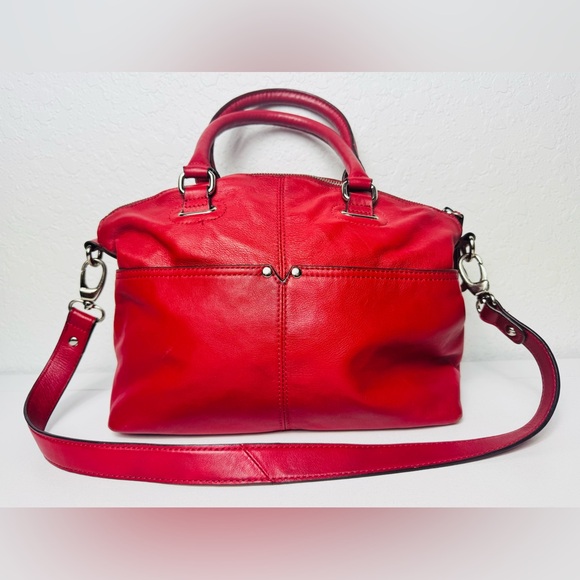 Danier Leather Satchel Crossbody Bag Red Pockets Lined - Picture 1 of 15